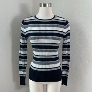 Frame Womens Small Metallic‎ Striped Crewneck Ribbed Sweater Knit Top Stretch